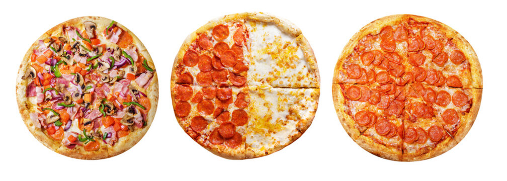 set of various pizza isolated on transparent background, top view