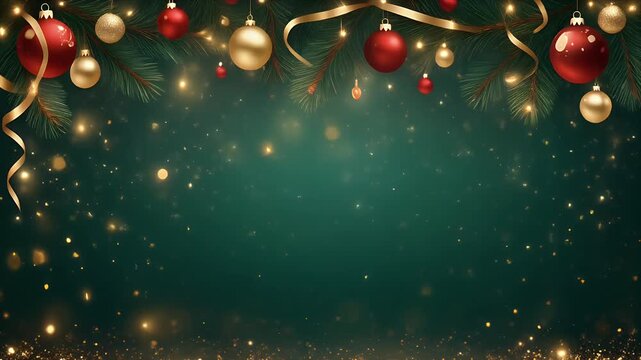 Christmas ornaments hanging on dark green pine tree branches with golden tinsel and bokeh lights background