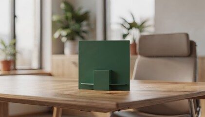 Fototapeta premium Medium shot highlighting a green certification plaque on a desk with the rest of the sustainable office environment gently out of focus.