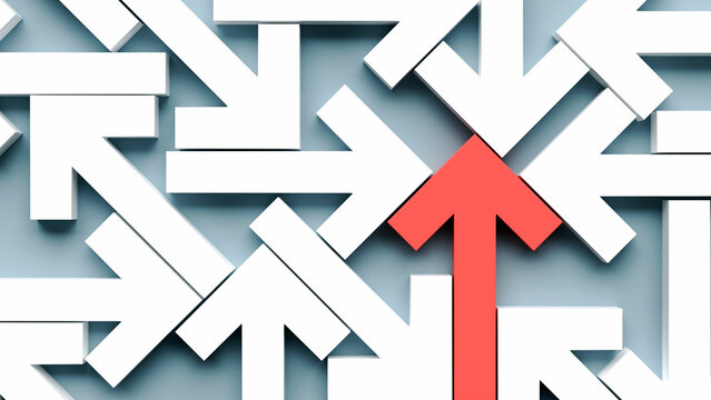 Single red arrow pointing upward among chaotic white arrows representing standout leadership and strategic direction, 3d render