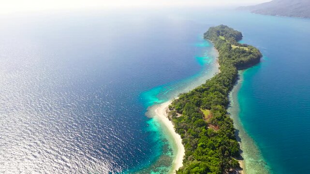 Aerial view of sandy beach on a tropical Big Liguid Island with palm trees. Big Cruz Island, Philippines, Samal.