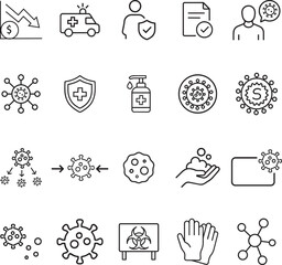 Fototapeta premium A collection of thin line icons representing medical concepts and virus protection procedures