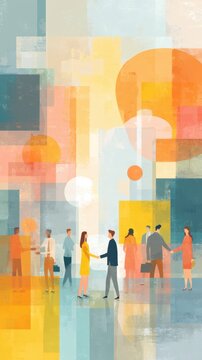 Authentic Leadership Abstract geometric style with diverse businesspeople engaging in conversations and networking remote digital authentic leadership team