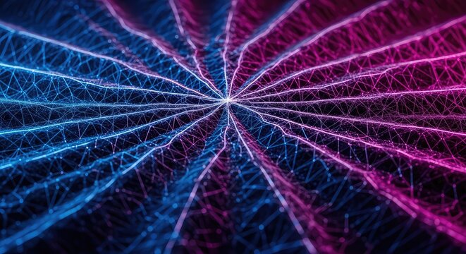 Abstract visualization of energy ripples moving through a complex multidimensional fabric structure. Deep blue and purple tones flow smoothly, structure, network, multiverse