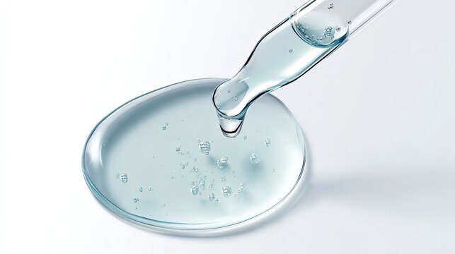 Pipette dispensing viscous blue liquid gel for skincare isolated on clean white background