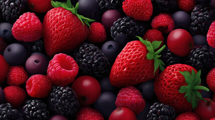 Fototapeta premium An enticing assortment of ripe strawberries, blackberries, blueberries, and raspberries creates a vibrant and delicious still life composition for backgrounds.