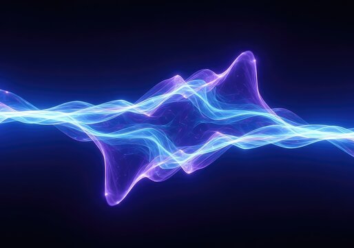 Conceptual visualization of an invisible force field or dynamic plasma wave, spreading and pulsing with intense blue and purple light, visualization, futuristic, intense
