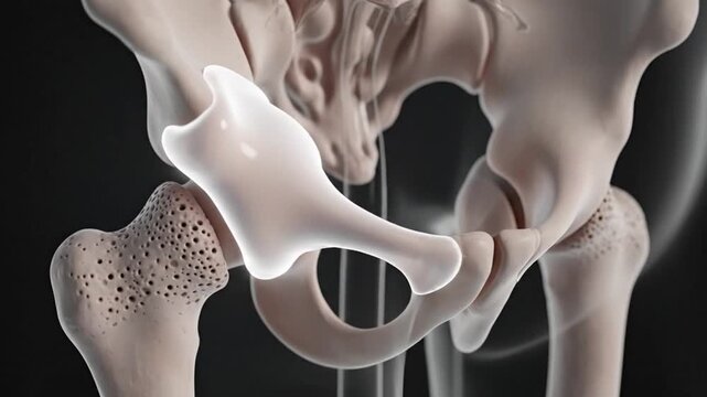 3D rendering of human hip joint with visible bone structure and osteoporosis, medical illustration.