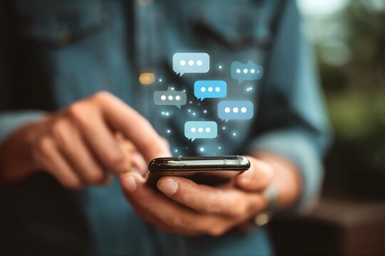 A person uses a modern smartphone displaying multiple glowing blue and white chat bubble icons suggesting active online communication messaging or typing in a digital social network application agains