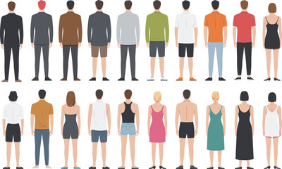 Fototapeta premium Collection of diverse men and women characters seen from back view featuring various outfits hairstyles and body types.