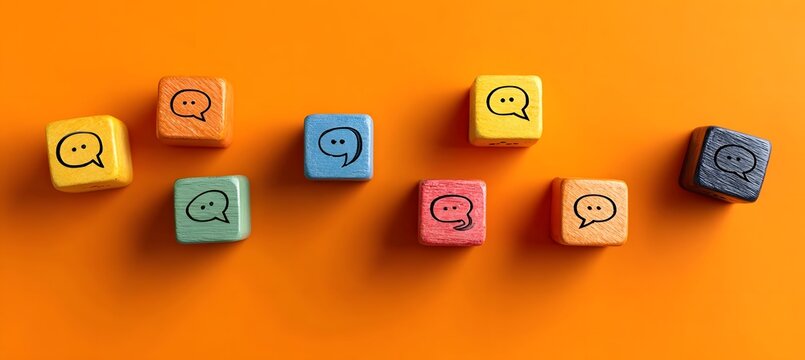 A collection of colorful wooden cubes displaying speech bubble icons neatly arranged on a vibrant orange background with soft shadows suggesting communication and social interaction