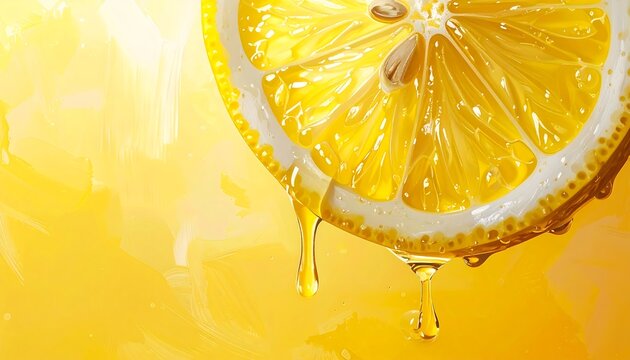 Close-up of lemon slice with dripping juice on a bright yellow background, creating a vibrant citrus freshness concept. Ideal for beverage, food, and summer advertising design.