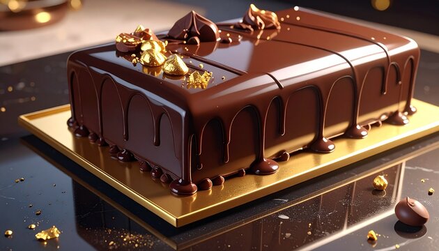 A rectangular chocolate cake with gold decorations on a gold plate on a reflective surface with scattered gold crumbs and a blurred background.