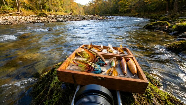 A beautifully crafted vintage wooden tackle box, showcasing an exquisite collection of vibrant, hand-tied fishing flies, along with several detailed wooden lures, sits artfully on a moss-covered