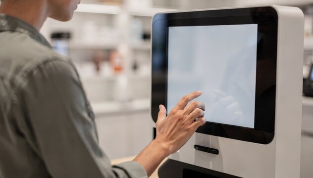 Medium shot of a customer interacting with an ondemand microprint kiosk focusing on the touchscreen while the background remains blurred.