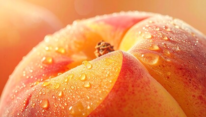 Juicy peach macro with water droplets and soft sunlight on warm background with copy space