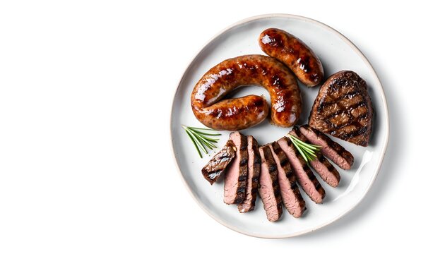 Grilled sausage ring and sliced steak on plate with rosemary; flavorful culinary delight