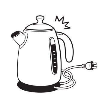 A simple black and white illustration of an electric kettle with a plug