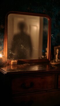 Ethereal presence emerges from a shattered mirror reflecting a dreamlike alternate dimension