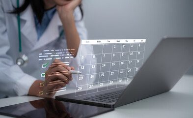 Doctor using laptop with AI digital calendar and checklist interface for healthcare appointment scheduling patient management telemedicine planning smart medical workflow technology concept © Toowongsa