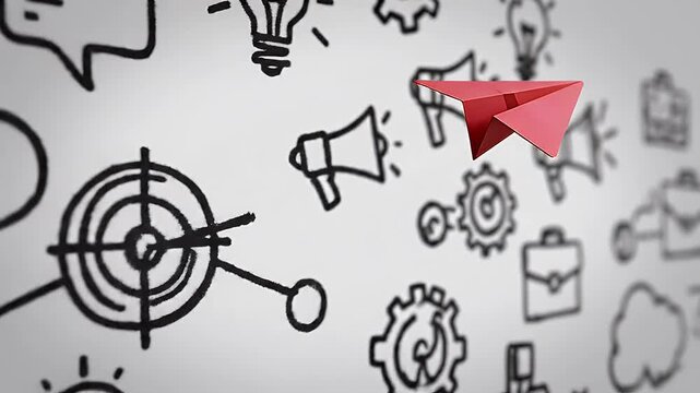 Red paper airplane flies over a sketched graph and business concepts