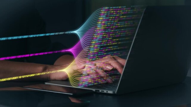 A data scientist uses machine learning and AI to analyze big data via a virtual screen, performing mining, filtering, and clustering to extract business insights.