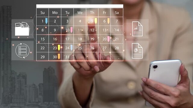 Event planner syncing a digital calendar and physical agenda to organize schedules. A woman on her phone updates her app with appointment reminders and detailed timetables.
