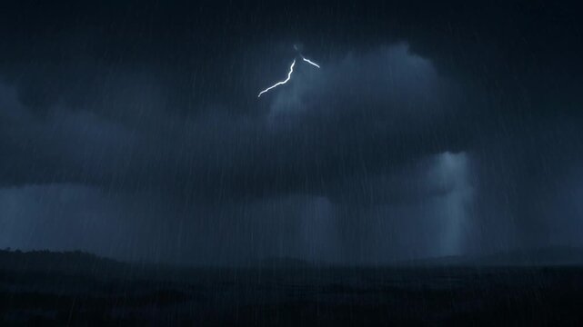 Dramatic Storm Surge: A striking depiction of nature's raw power as a bolt of lightning pierces through a dark, ominous sky, illuminating the pouring rain. 