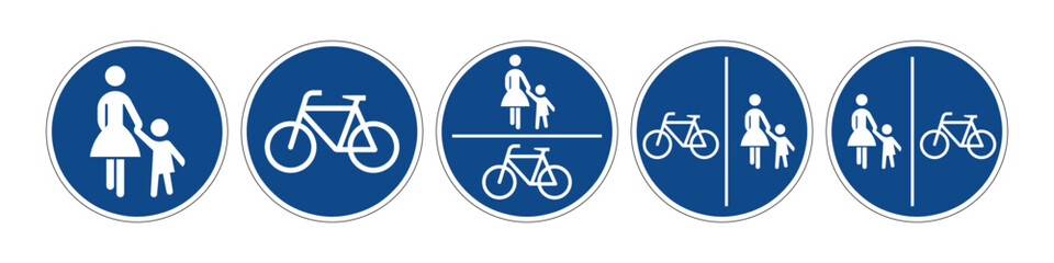 Mandatory Traffic Signs Set Vector Pedestrian and Bicycle Path Blue Circular Symbols Collection © Media Core Design