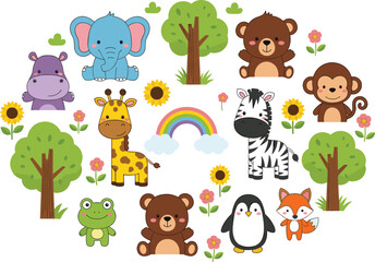Obraz premium Cute Animal Faces Collection with Elephant, Giraffe, Bear, Zebra, Monkey, and Rainbow in Nature Illustration
