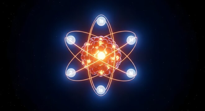 An atom with glowing electrons orbiting nucleus.