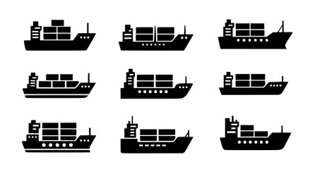 Naklejka premium A collection of nine black silhouette icons representing cargo container ships for logistics use Vector