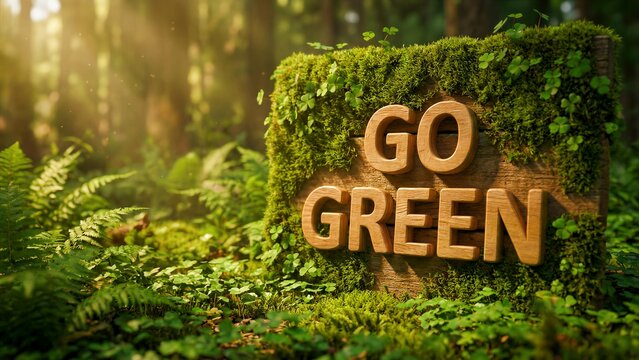 Wooden sign displaying the motivational phrase "go green" covered in vibrant green moss and small clovers in a sunlit forest environment