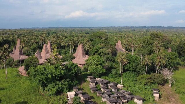 Aerial View of Ratenggaro Traditional Village with Tall Thatched Roof Houses by the River Mouth and Beach in Sumba, Indonesia