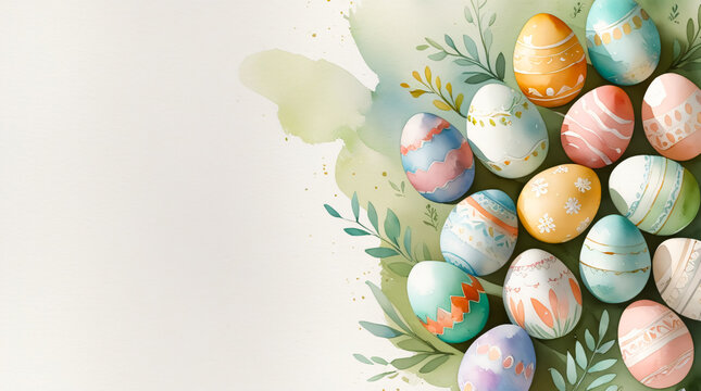 Watercolor Easter background featuring hand-painted pastel eggs, delicate patterns, soft brush strokes, subtle paper texture. Clean copy space. For greeting cards, invitations, branding, social media,