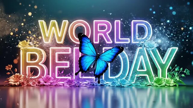 Bee day colorful celebration concept with glowing text and butterfly in vibrant floral design for World Bee Day awareness showing beauty of nature pollination and biodiversity