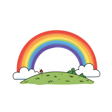 A cheerful cartoon illustration of a vibrant rainbow arching over a small green hill with a tiny red house and fluffy white clouds.