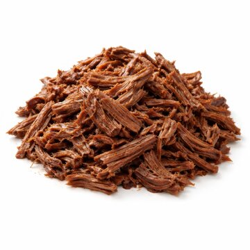 Tender brown shredded beef is heaped in a pile on a white background, perfect for illustrating barbecue, tacos, meal prep, or slow-cooked comfort food dishes.