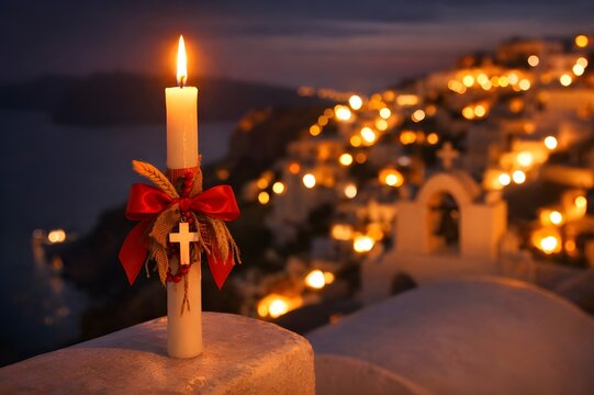 Elegant Greek Easter Sunset Table with Red Eggs on Santorini Terrace