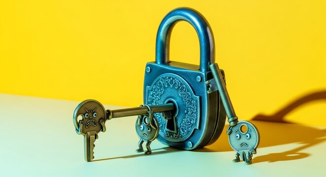 Vintage Padlock with Two Keys on a Bright Yellow Background.