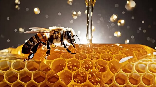 Bee collecting honey on honeycomb macro for World Bee Day concept showing pollination process natural sweetness organic food production and ecological balance in nature