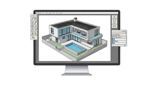 A computer screen displays a 3D architectural illustration of a modern house with a pool.