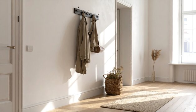 Bright minimal entryway interior with clothes rack, basket, and soft natural light, creating a cozy and modern home atmosphere. Ideal for interior design, lifestyle, and real estate concepts.