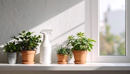 Fototapeta premium Indoor plants on windowsill with spray bottle in sunlight, plant care and home cleaning concept, minimal interior background with copy space
