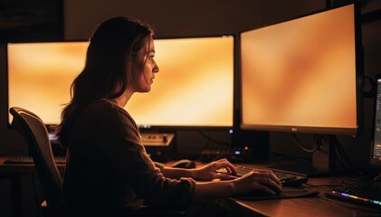 Profile view of a colorist enhancing warm romantic tones capturing the screens golden highlights and gentle shadows in a cozy softly illuminated editing bay.