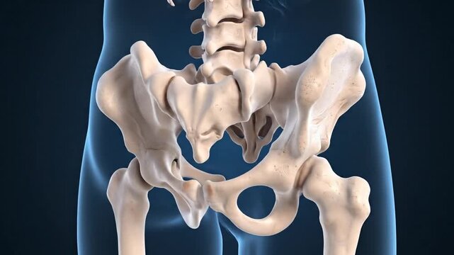 Detailed 3D animation of the human hip and pelvic bones, showcasing anatomical structure and movement for medical education.