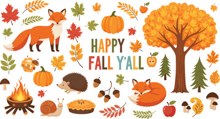 Obraz premium Autumn Fall Collection with Fox, Pumpkin, Acorns, Leaves, and 