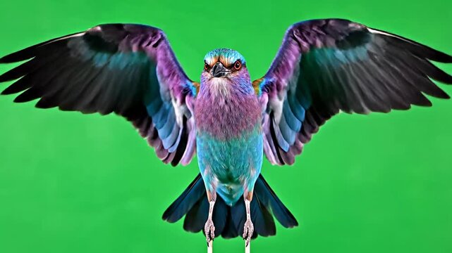 Vibrant Roller Bird with Colorful Plumage Openly Flapping Wings on Green Screen Background