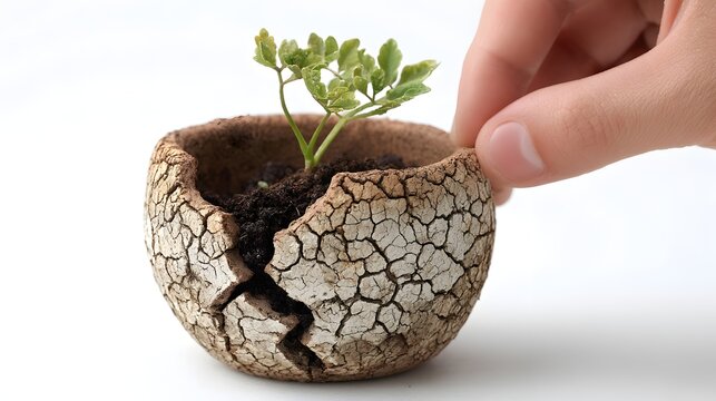 A hand gently touches a small green plant growing out of a cracked and dry pot
