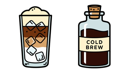 Fototapeta premium Two illustrations of cold brew coffee: a layered iced coffee drink in a tall glass and a bottle labeled 'Cold Brew'.